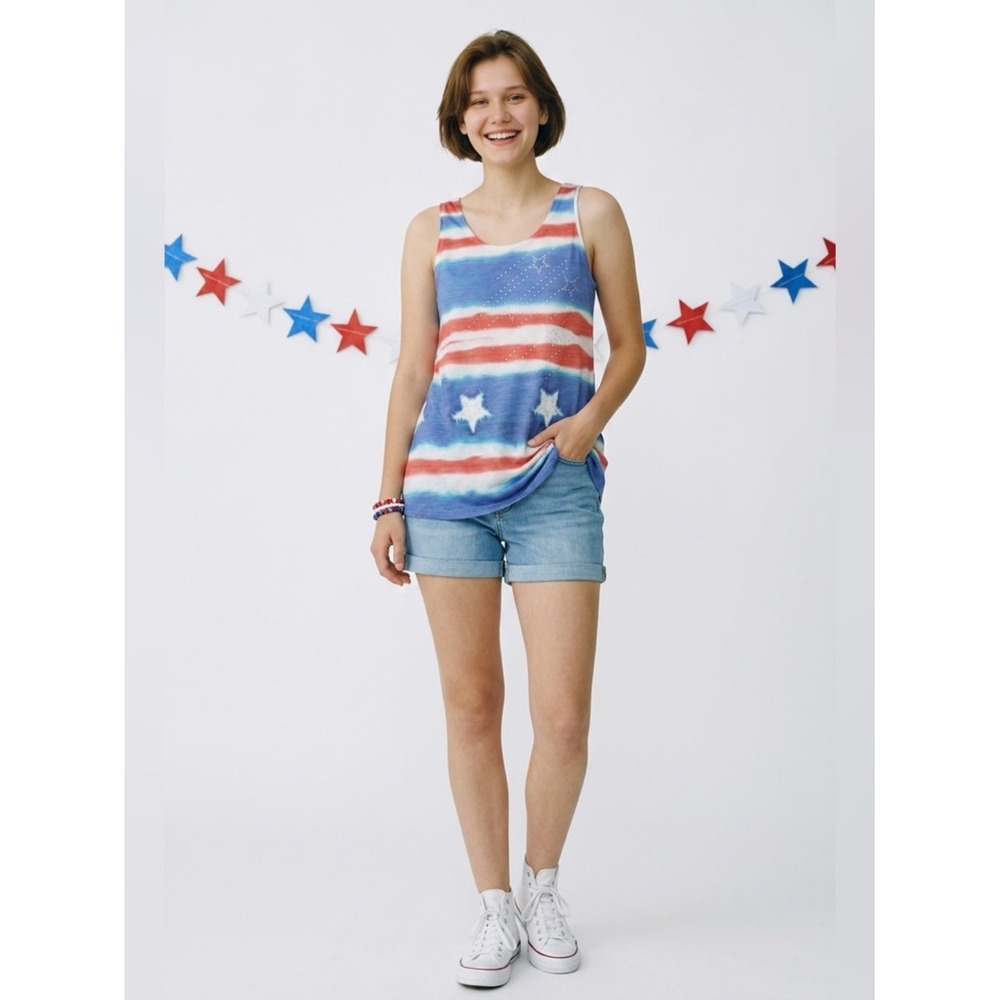 Prairie Rose Patriotic Tank Top L Red White Blue Studded Stars